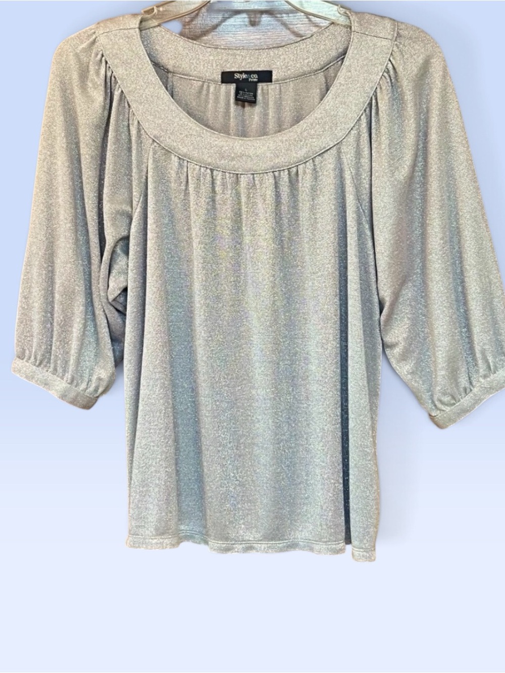 Style & Co. Petite Silver Metallic Shimmer Scoop Neck Top 3/4 Sleeve Sz Petite L